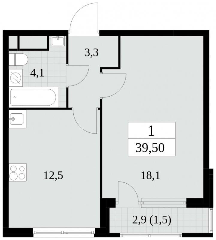 1-комнатная квартира без отделки, 39.5 м2, 17 этаж, сдача 2 квартал 2025 г., ЖК Южные сады, корпус 2.3 - объявление 1758359 - фото №1