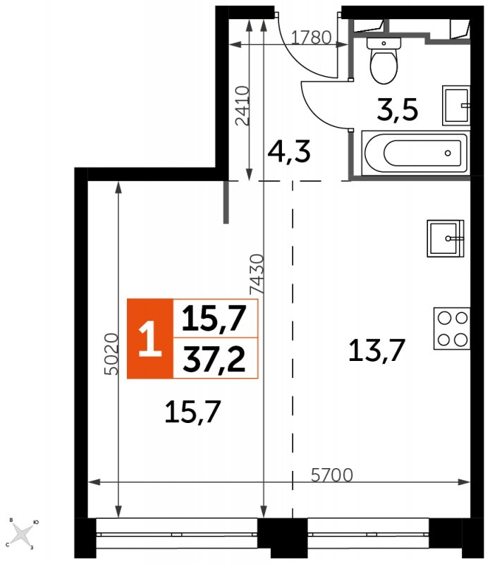 1-комнатная квартира без отделки, 37.2 м2, 36 этаж, сдача 1 квартал 2023 г., ЖК Sydney City, корпус 3 - объявление 1664156 - фото №1