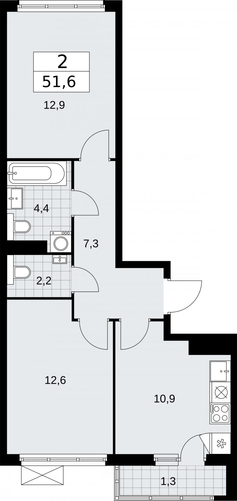 2-комнатная квартира без отделки, 51.6 м2, 10 этаж, сдача 2 квартал 2026 г., ЖК Бунинские кварталы, корпус 7.3 - объявление 2313790 - фото №1