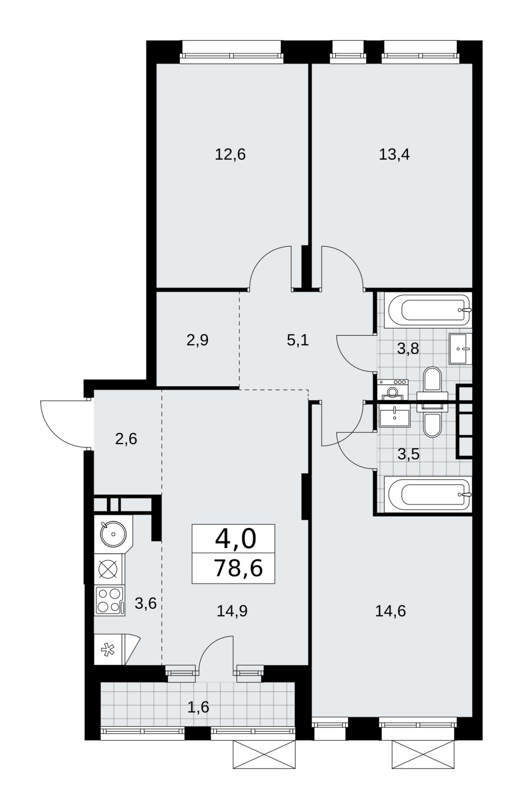 4-комнатная квартира (евро) с частичной отделкой, 78.6 м2, 11 этаж, сдача 2 квартал 2026 г., ЖК Прокшино, корпус 10.1.5 - объявление 2227829 - фото №1