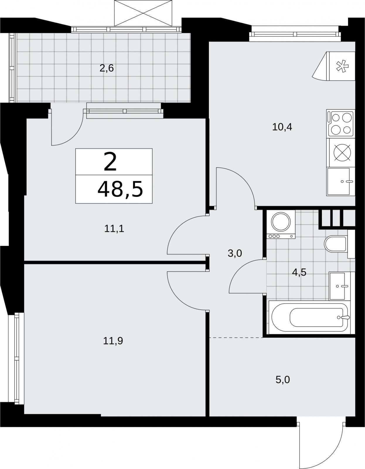 2-комнатная квартира без отделки, 48.5 м2, 5 этаж, сдача 2 квартал 2026 г., ЖК Бунинские кварталы, корпус 5.2 - объявление 2297334 - фото №1