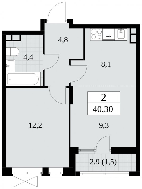 2-комнатная квартира (евро) без отделки, 40.3 м2, 3 этаж, сдача 3 квартал 2024 г., ЖК Прокшино, корпус 8.5 - объявление 1684410 - фото №1