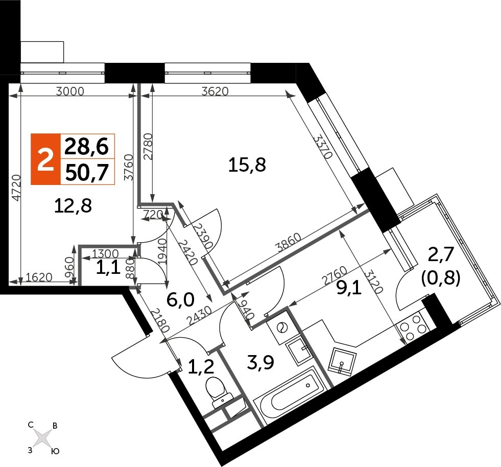 2-комнатная квартира с полной отделкой, 52.1 м2, 13 этаж, дом сдан, ЖК Датский квартал, корпус 2 - объявление 2333488 - фото №1