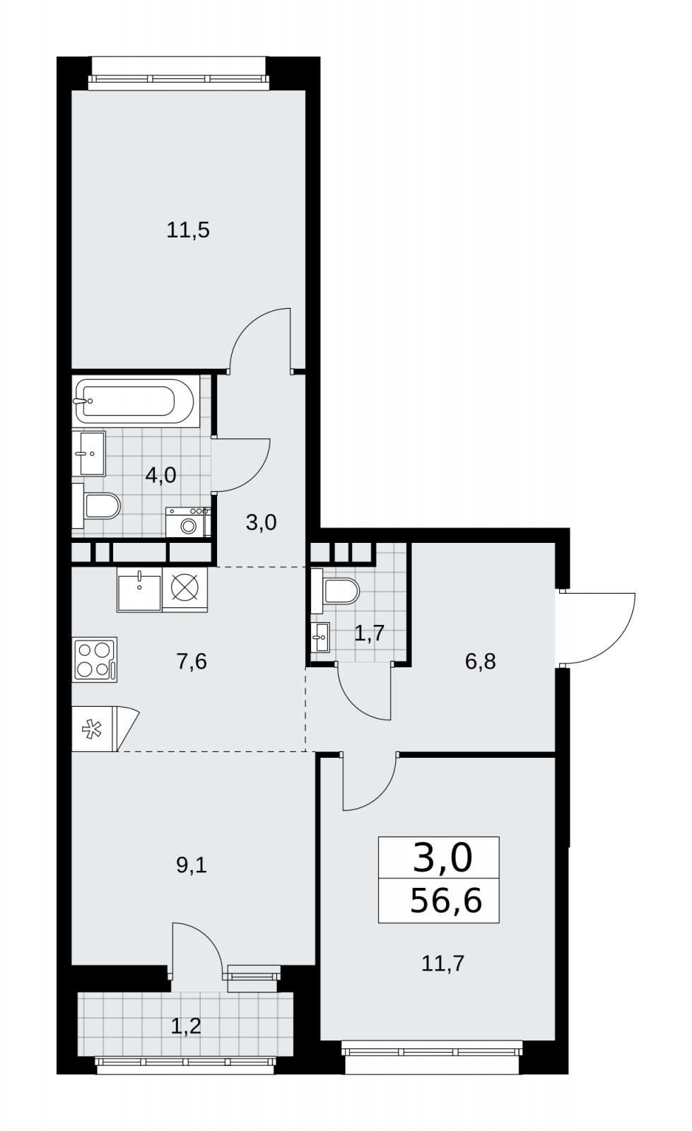 3-комнатная квартира (евро) с частичной отделкой, 56.6 м2, 7 этаж, сдача 2 квартал 2026 г., ЖК Дзен-кварталы, корпус 3.6 - объявление 2242841 - фото №1