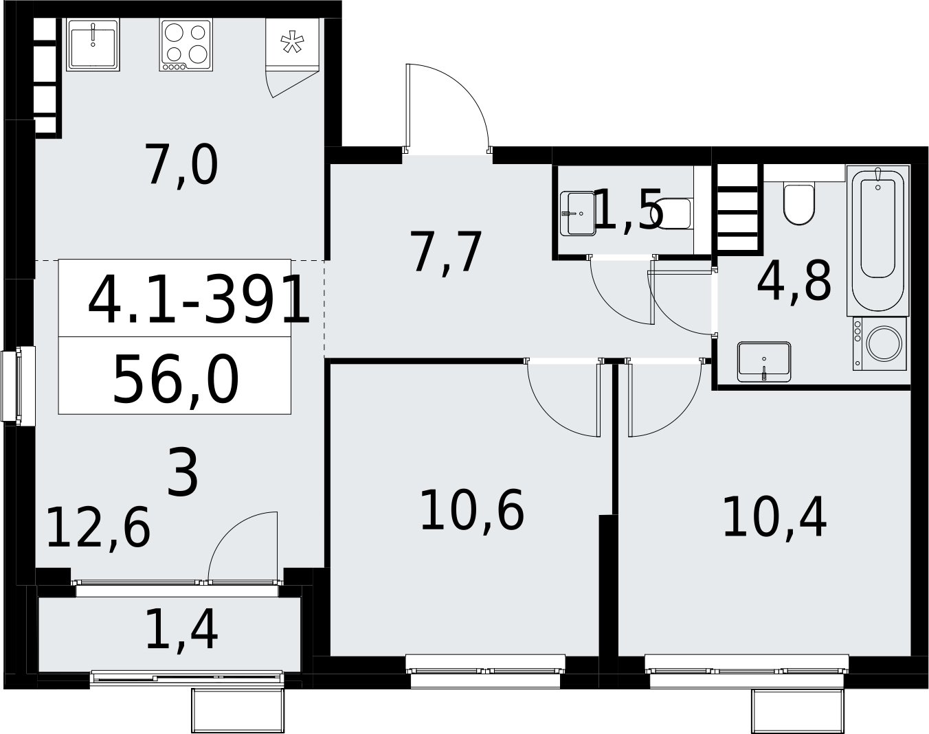 3-комнатная квартира (евро) с полной отделкой, 56 м2, 26 этаж, сдача 2 квартал 2027 г., ЖК Южные сады, корпус 4.1.2 - объявление 2392897 - фото №1