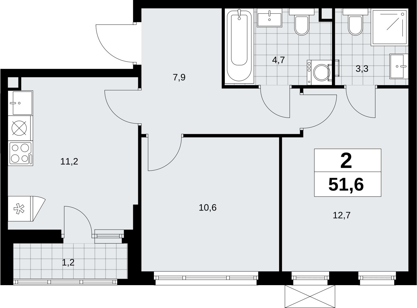 2-комнатная квартира без отделки, 51.6 м2, 2 этаж, сдача 2 квартал 2026 г., ЖК Дзен-кварталы, корпус 6.1.1 - объявление 2327081 - фото №1