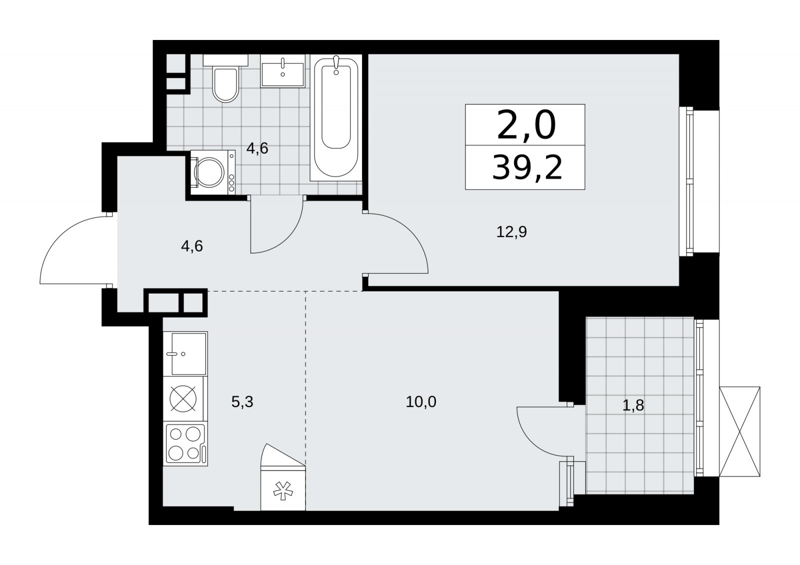 2-комнатная квартира (евро) с частичной отделкой, 39.2 м2, 3 этаж, сдача 1 квартал 2026 г., ЖК Бунинские кварталы, корпус 6.1 - объявление 2252355 - фото №1