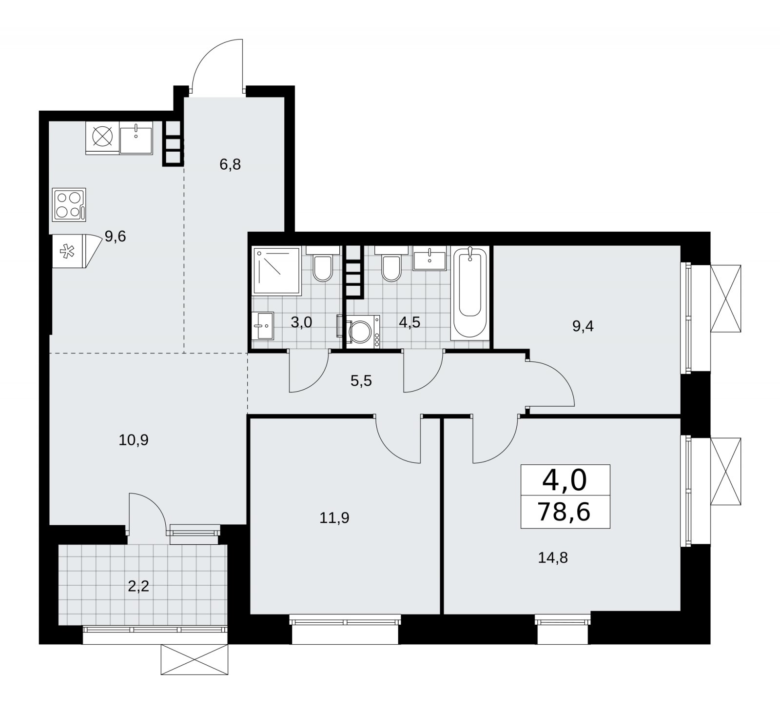 4-комнатная квартира (евро) с частичной отделкой, 78.6 м2, 4 этаж, сдача 1 квартал 2026 г., ЖК Бунинские кварталы, корпус 6.1 - объявление 2252366 - фото №1