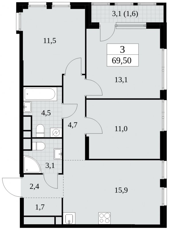 3-комнатная квартира с частичной отделкой, 69.5 м2, 21 этаж, сдача 2 квартал 2025 г., ЖК Южные сады, корпус 2.2 - объявление 1757614 - фото №1