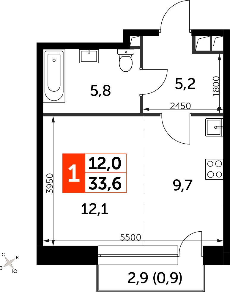 Студия с частичной отделкой, 33.6 м2, 8 этаж, сдача 3 квартал 2024 г., ЖК Sydney City, корпус 2.1 - объявление 2353858 - фото №1