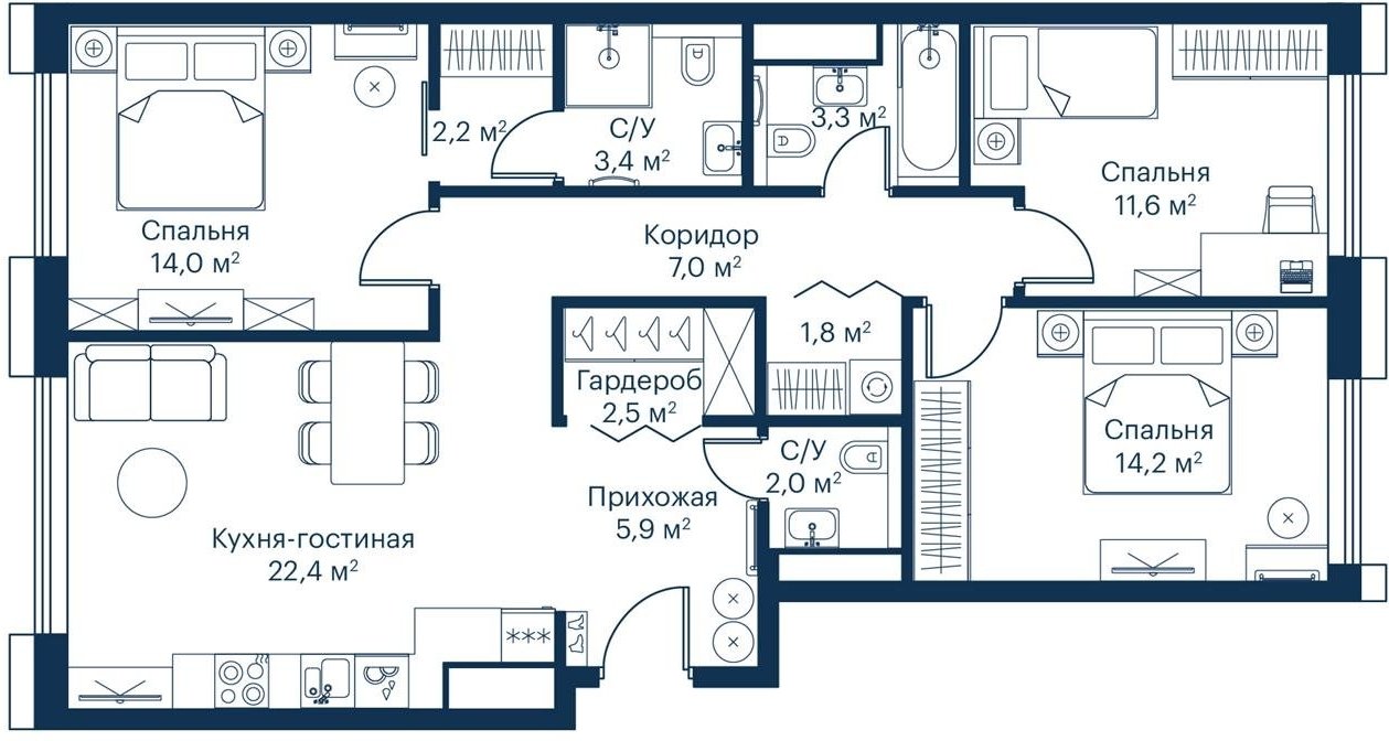 3-комнатная квартира с частичной отделкой, 90.7 м2, 5 этаж, дом сдан, ЖК City Bay, корпус Indian Ocean 3.2 - объявление 2276168 - фото №1