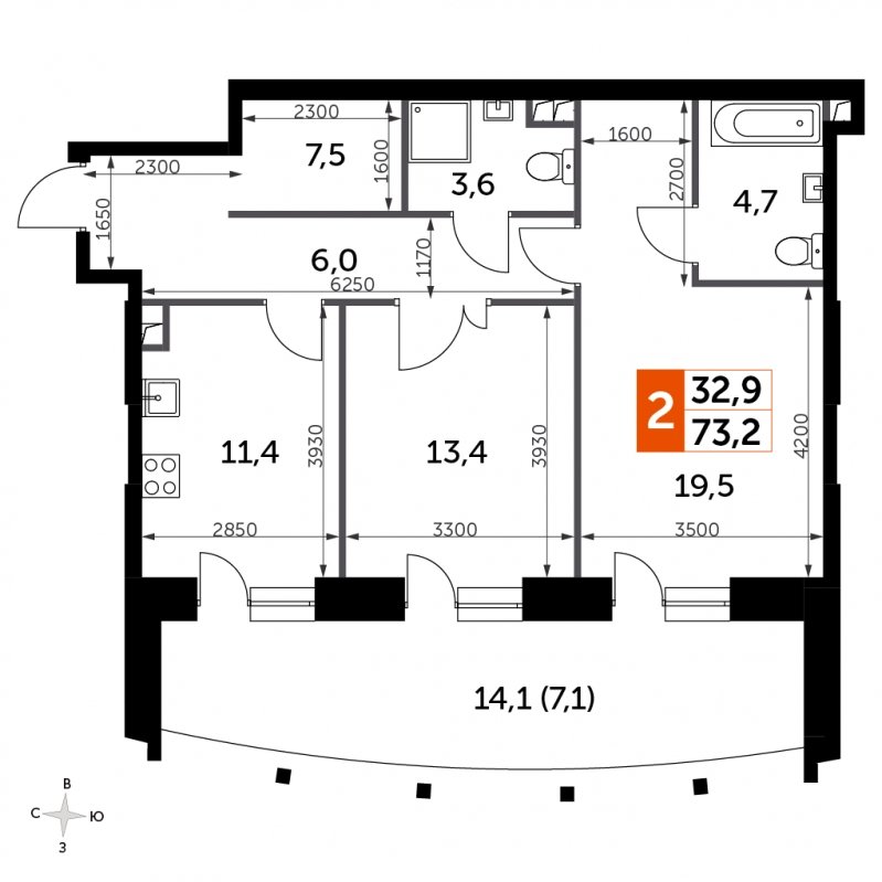 2-комнатная квартира с частичной отделкой, 73.2 м2, 14 этаж, сдача 3 квартал 2024 г., ЖК Sydney City, корпус 2.2 - объявление 1694275 - фото №1