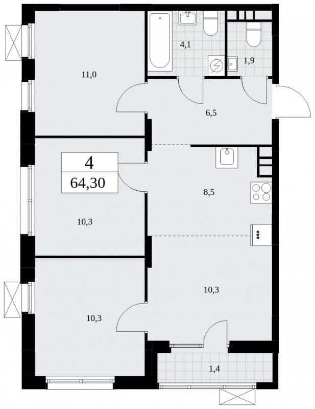 4-комнатная квартира (евро) без отделки, 64.3 м2, 4 этаж, сдача 1 квартал 2025 г., ЖК Дзен-кварталы, корпус 1.4 - объявление 1896128 - фото №1
