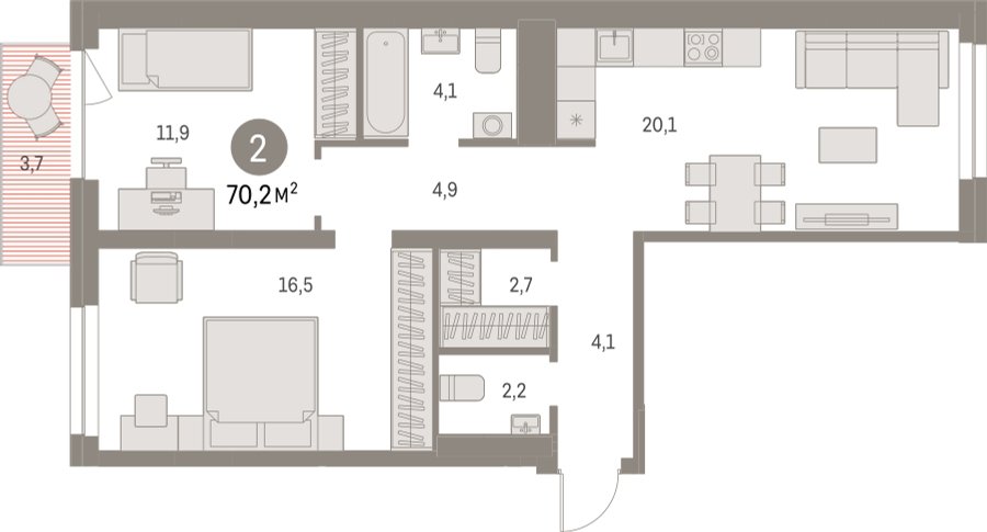 2-комнатная квартира с частичной отделкой, 70.19 м2, 8 этаж, сдача 1 квартал 2025 г., ЖК Первый квартал, корпус Дом 5 - объявление 2281578 - фото №1