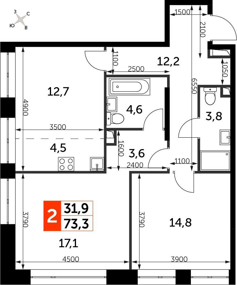 2-комнатная квартира с частичной отделкой, 73.3 м2, 3 этаж, сдача 3 квартал 2024 г., ЖК Sydney City, корпус 2.1 - объявление 2329930 - фото №1