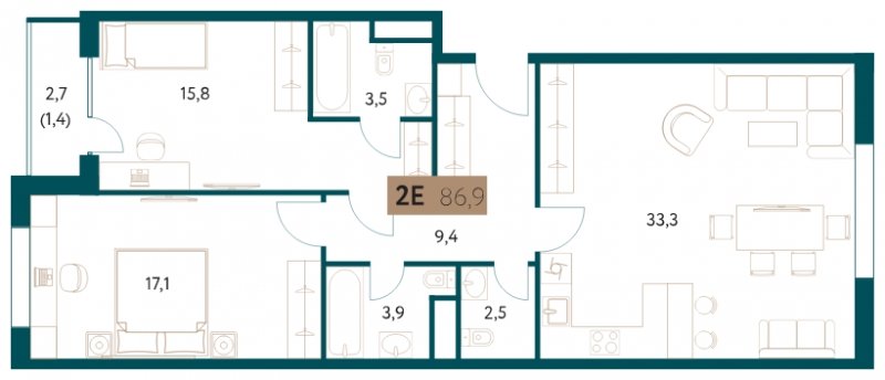 2-комнатная квартира 86.9 м2, 12 этаж, сдача 4 квартал 2022 г., ЖК Настоящее, корпус 1 - объявление 1711397 - фото №1