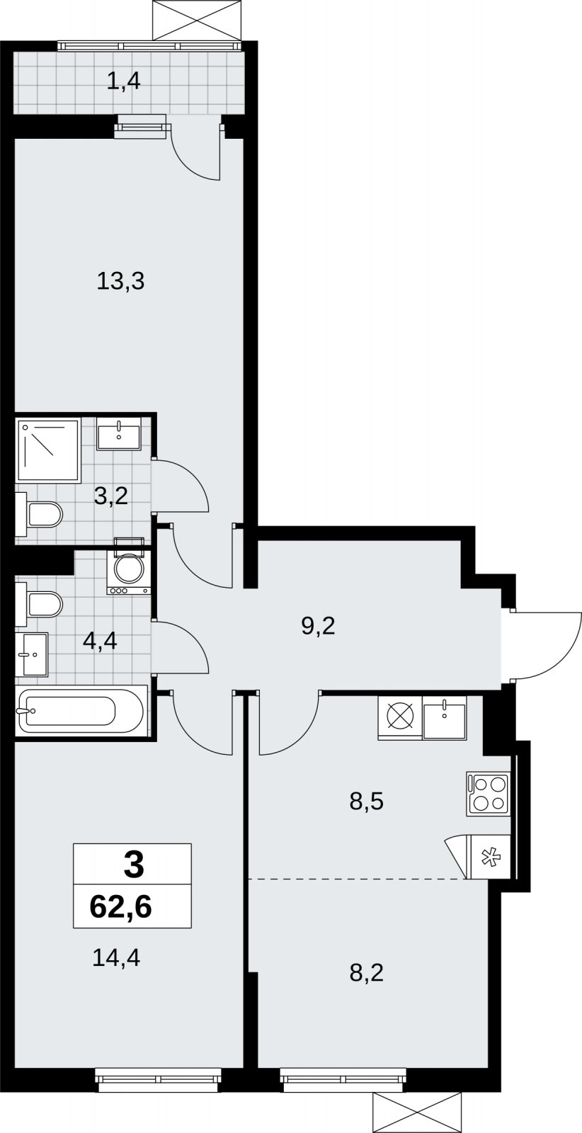 3-комнатная квартира (евро) с полной отделкой, 62.6 м2, 3 этаж, сдача 3 квартал 2026 г., ЖК Дзен-кварталы, корпус 6.1.3 - объявление 2328101 - фото №1