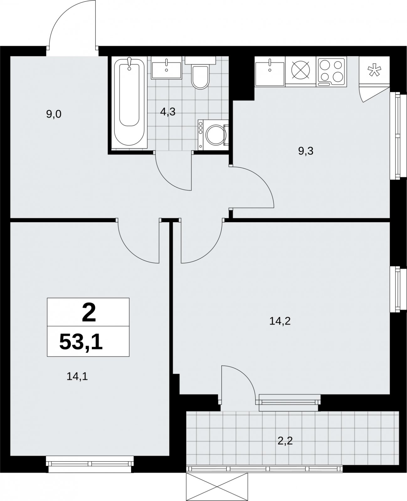 2-комнатная квартира без отделки, 53.1 м2, 3 этаж, сдача 2 квартал 2026 г., ЖК Дзен-кварталы, корпус 6.1.2 - объявление 2327217 - фото №1