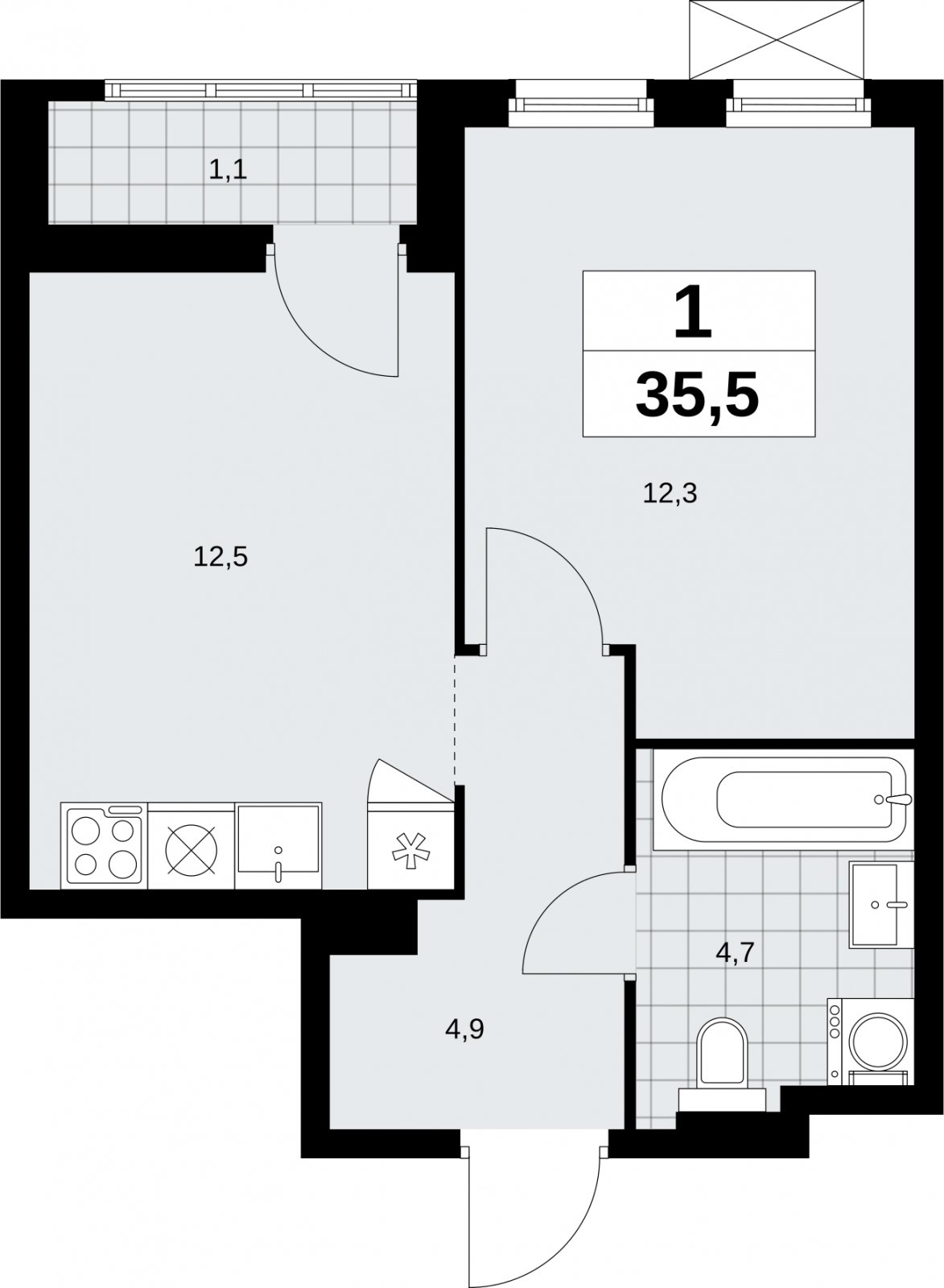 1-комнатная квартира без отделки, 35.5 м2, 7 этаж, сдача 1 квартал 2026 г., ЖК Дзен-кварталы, корпус 6.2.1 - объявление 2328332 - фото №1