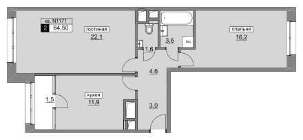 2-комнатная квартира без отделки, 64.5 м2, 4 этаж, сдача 4 квартал 2022 г., ЖК Румянцево-Парк, корпус 3 - объявление 1187482 - фото №1
