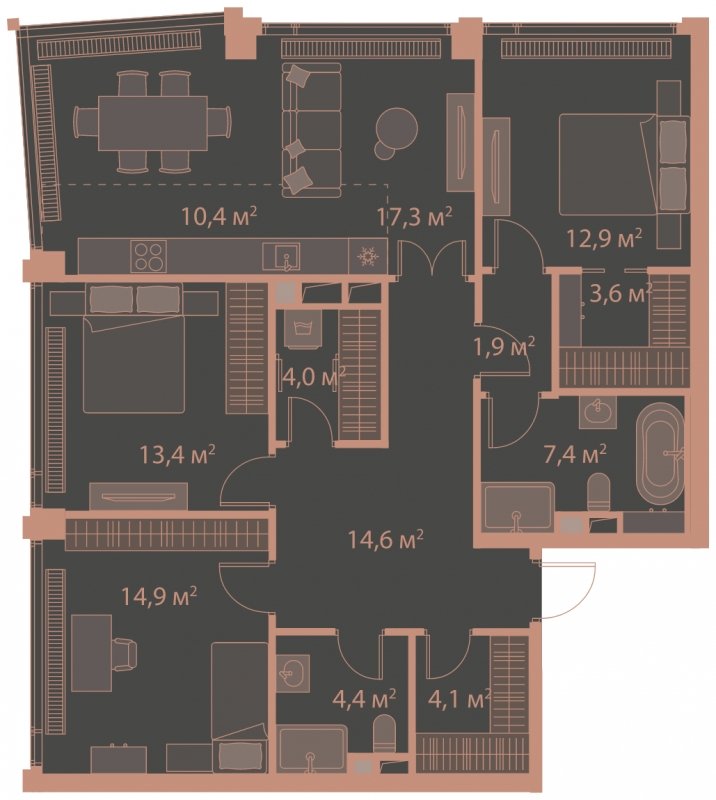 4-комнатная квартира без отделки, 108.9 м2, 18 этаж, сдача 1 квартал 2025 г., ЖК HIGH LIFE, корпус Heart Tower - объявление 1770968 - фото №1
