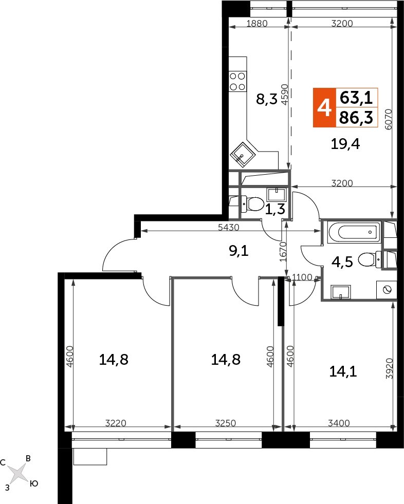 4-комнатная квартира с полной отделкой, 86.3 м2, 19 этаж, дом сдан, ЖК Датский квартал, корпус 2 - объявление 2333478 - фото №1