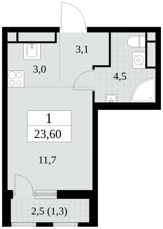 Студия с частичной отделкой, 23.6 м2, 3 этаж, сдача 2 квартал 2025 г., ЖК Южные сады, корпус 2.1 - объявление 1760096 - фото №1