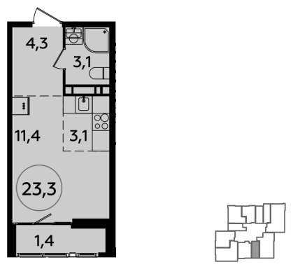 Студия без отделки, 23.3 м2, 14 этаж, сдача 4 квартал 2023 г., ЖК Южные сады, корпус 1.4 - объявление 2094708 - фото №1
