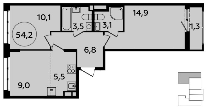 3-комнатная квартира (евро) с полной отделкой, 54.2 м2, 11 этаж, сдача 2 квартал 2024 г., ЖК Испанские кварталы, корпус 8.1 - объявление 1633485 - фото №1