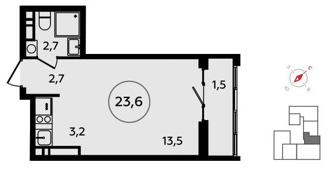 Студия без отделки, 23.6 м2, 14 этаж, сдача 3 квартал 2023 г., ЖК Прокшино, корпус 4.6 - объявление 1498687 - фото №1