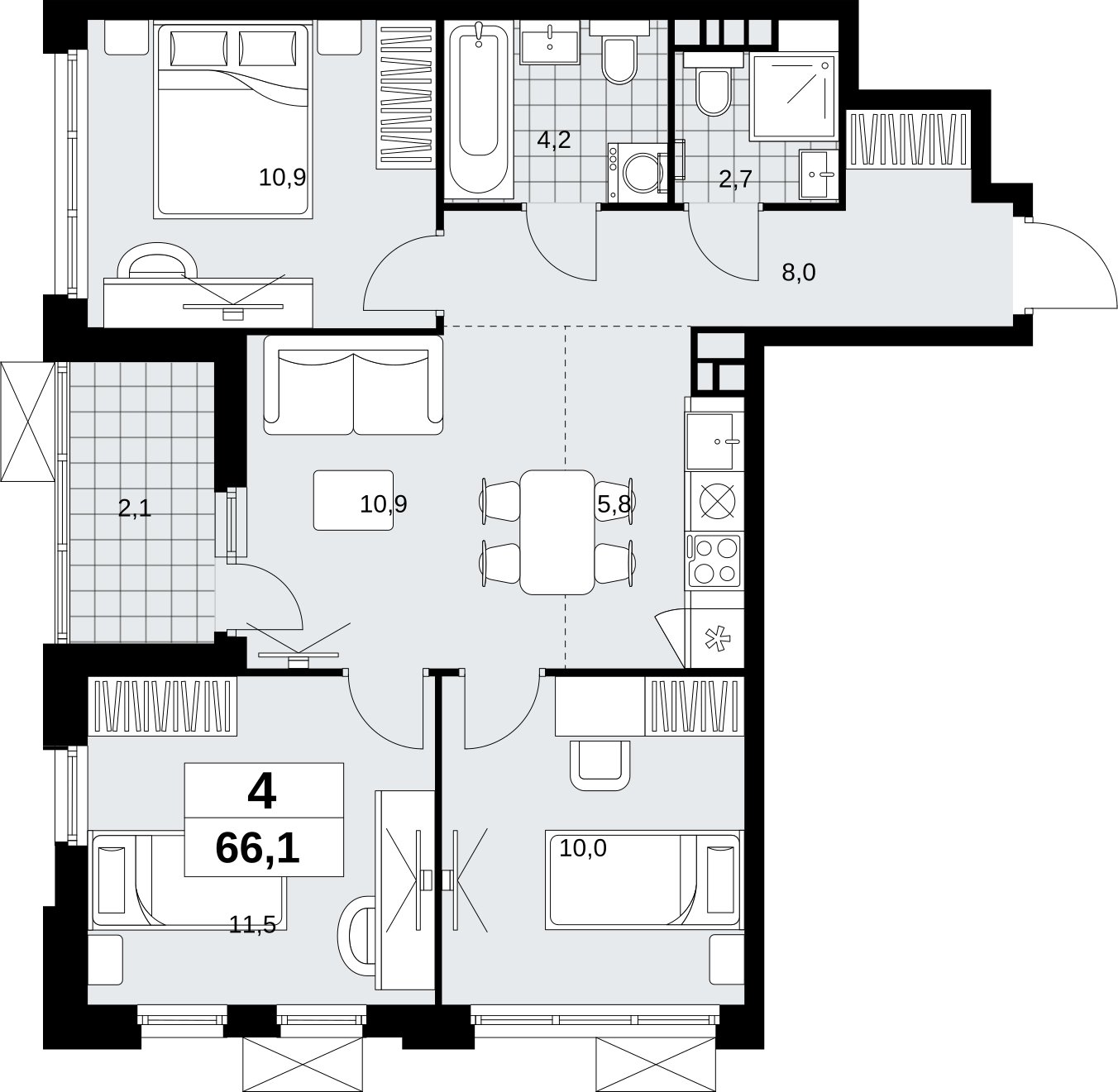 4-комнатная квартира (евро) без отделки, 66.1 м2, 9 этаж, сдача 4 квартал 2026 г., ЖК Скандинавия, корпус 2.18.2.6 - объявление 2351778 - фото №1
