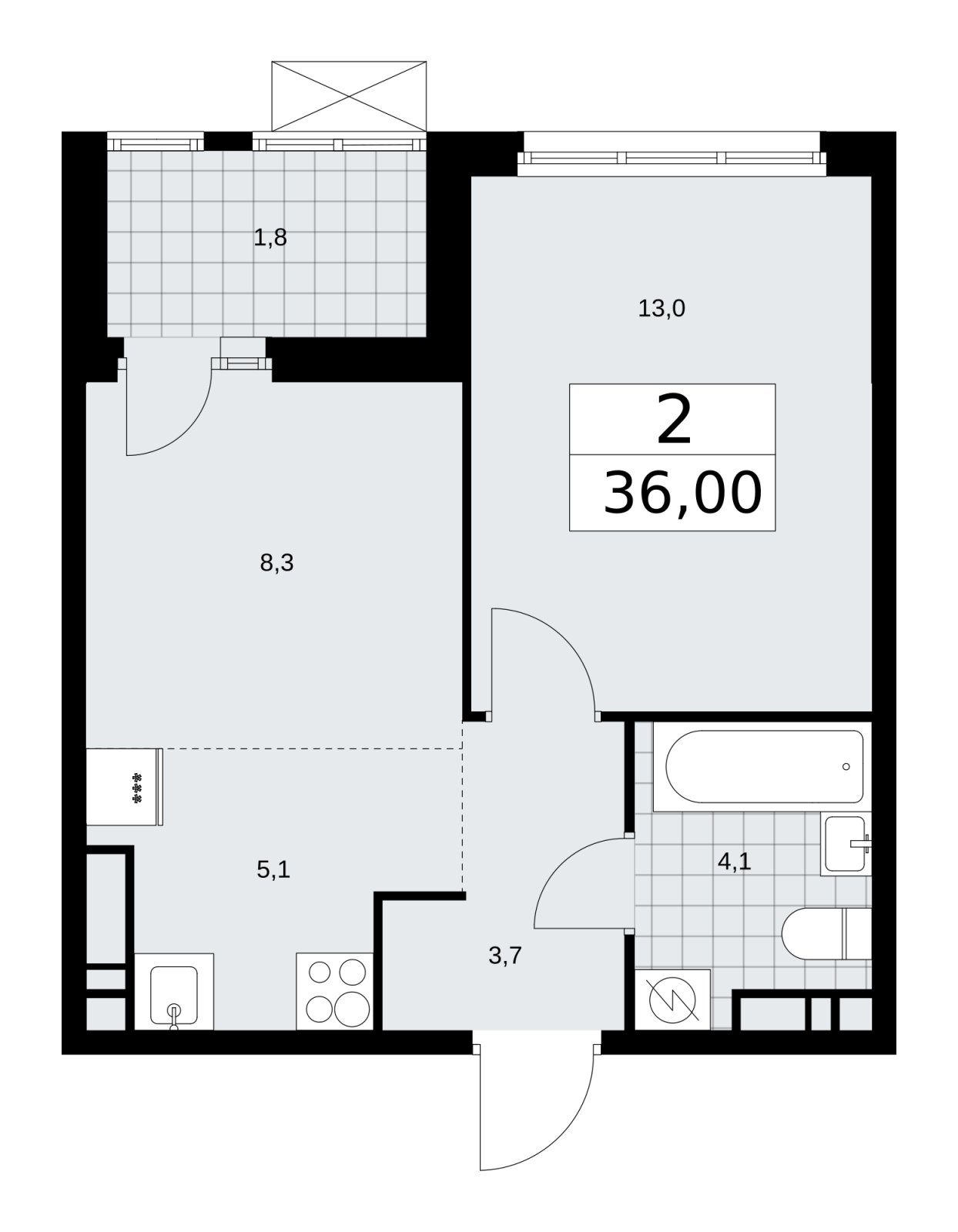 2-комнатная квартира (евро) с частичной отделкой, 36 м2, 12 этаж, сдача 4 квартал 2025 г., ЖК Бунинские кварталы, корпус 3.5 - объявление 2152213 - фото №1