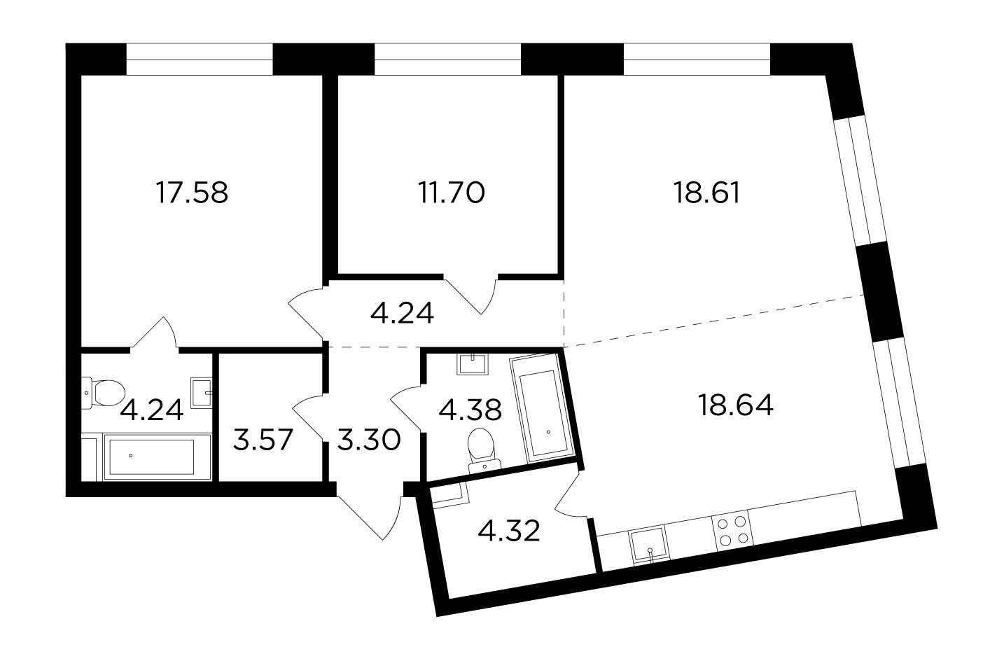 3-комнатная квартира без отделки, 90.58 м2, 5 этаж, сдача 4 квартал 2023 г., ЖК FORIVER, корпус 9 - объявление 2286538 - фото №1