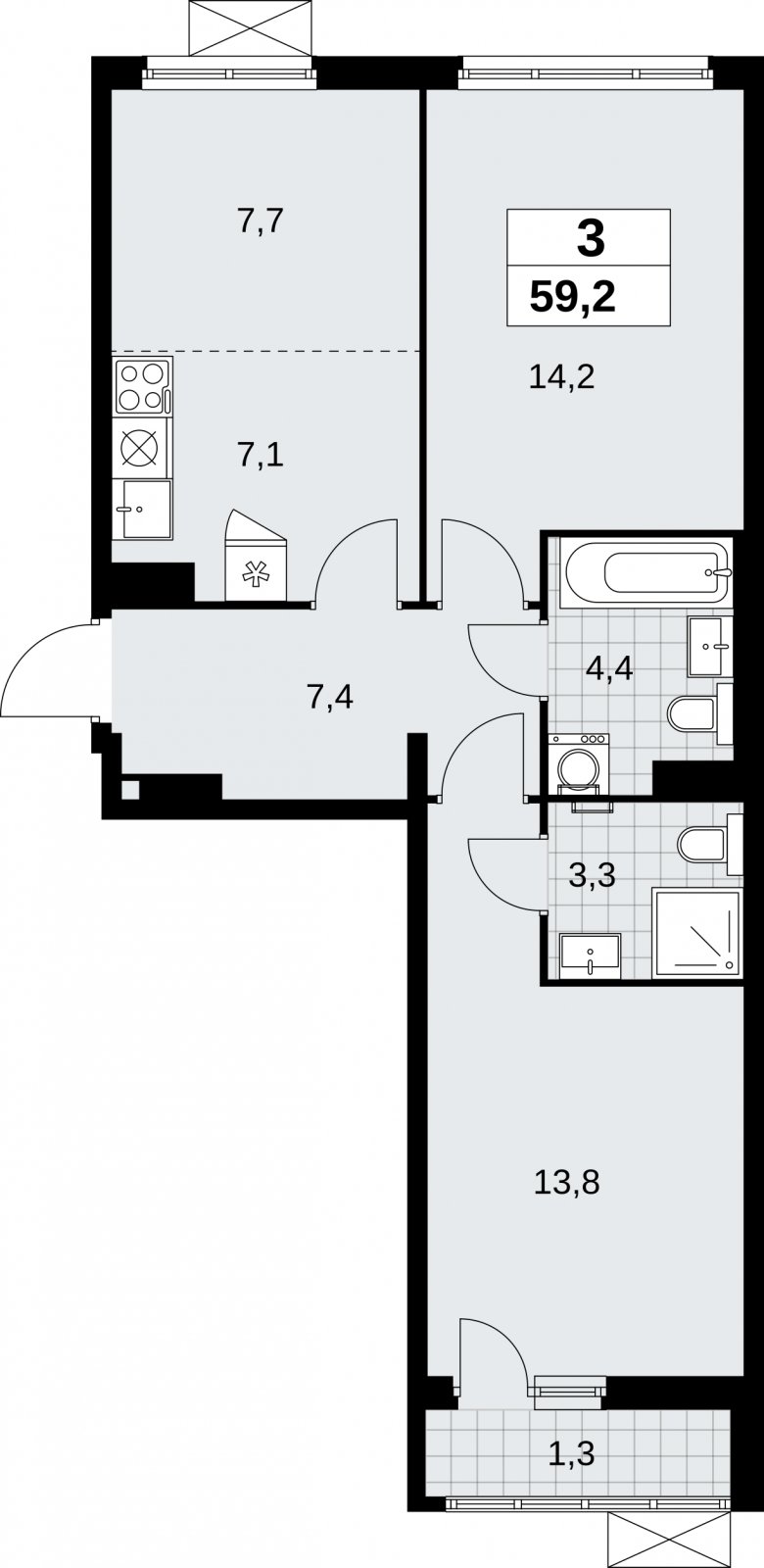 3-комнатная квартира (евро) с полной отделкой, 59.2 м2, 4 этаж, сдача 3 квартал 2026 г., ЖК Дзен-кварталы, корпус 6.1.3 - объявление 2327386 - фото №1