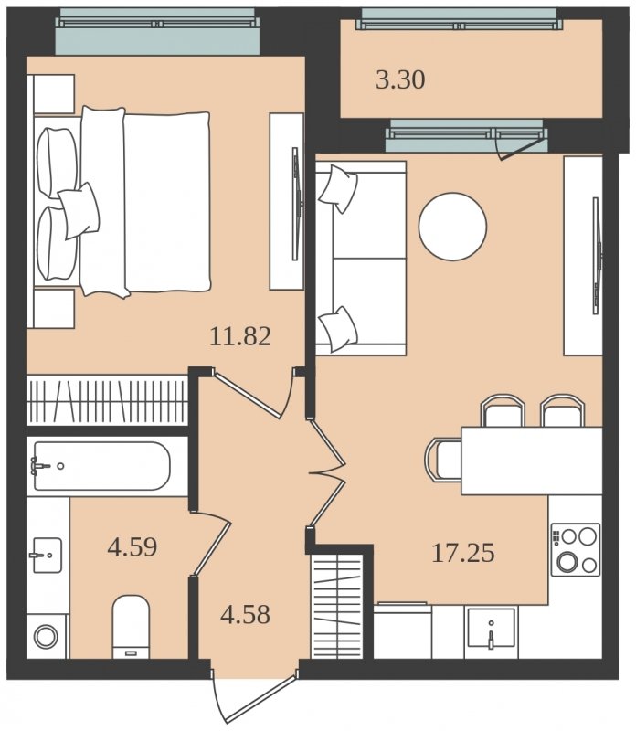 1-комнатная квартира без отделки, 39.89 м2, 1 этаж, сдача 1 квартал 2024 г., ЖК Мишино-2, корпус 8 - объявление 1812124 - фото №1