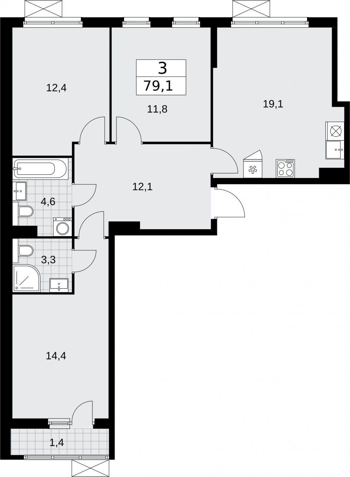 3-комнатная квартира без отделки, 79.1 м2, 3 этаж, сдача 2 квартал 2026 г., ЖК Бунинские кварталы, корпус 7.3 - объявление 2313943 - фото №1