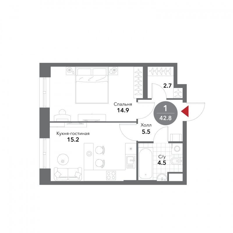 1-комнатные апартаменты без отделки, 42.8 м2, 6 этаж, сдача 3 квартал 2025 г., ЖК VOXHALL, корпус 4 - объявление 1787361 - фото №1