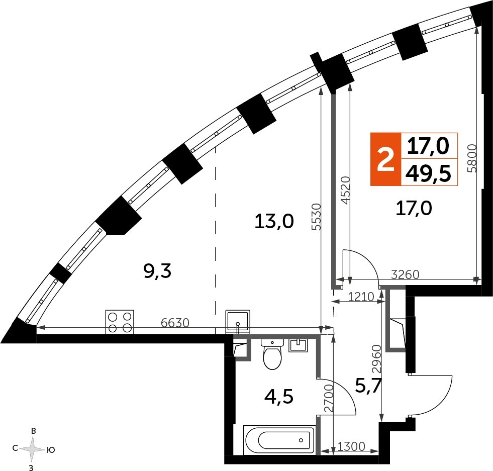 1-комнатная квартира с частичной отделкой, 49.5 м2, 30 этаж, сдача 3 квартал 2024 г., ЖК Sydney City, корпус 2.2 - объявление 2266935 - фото №1
