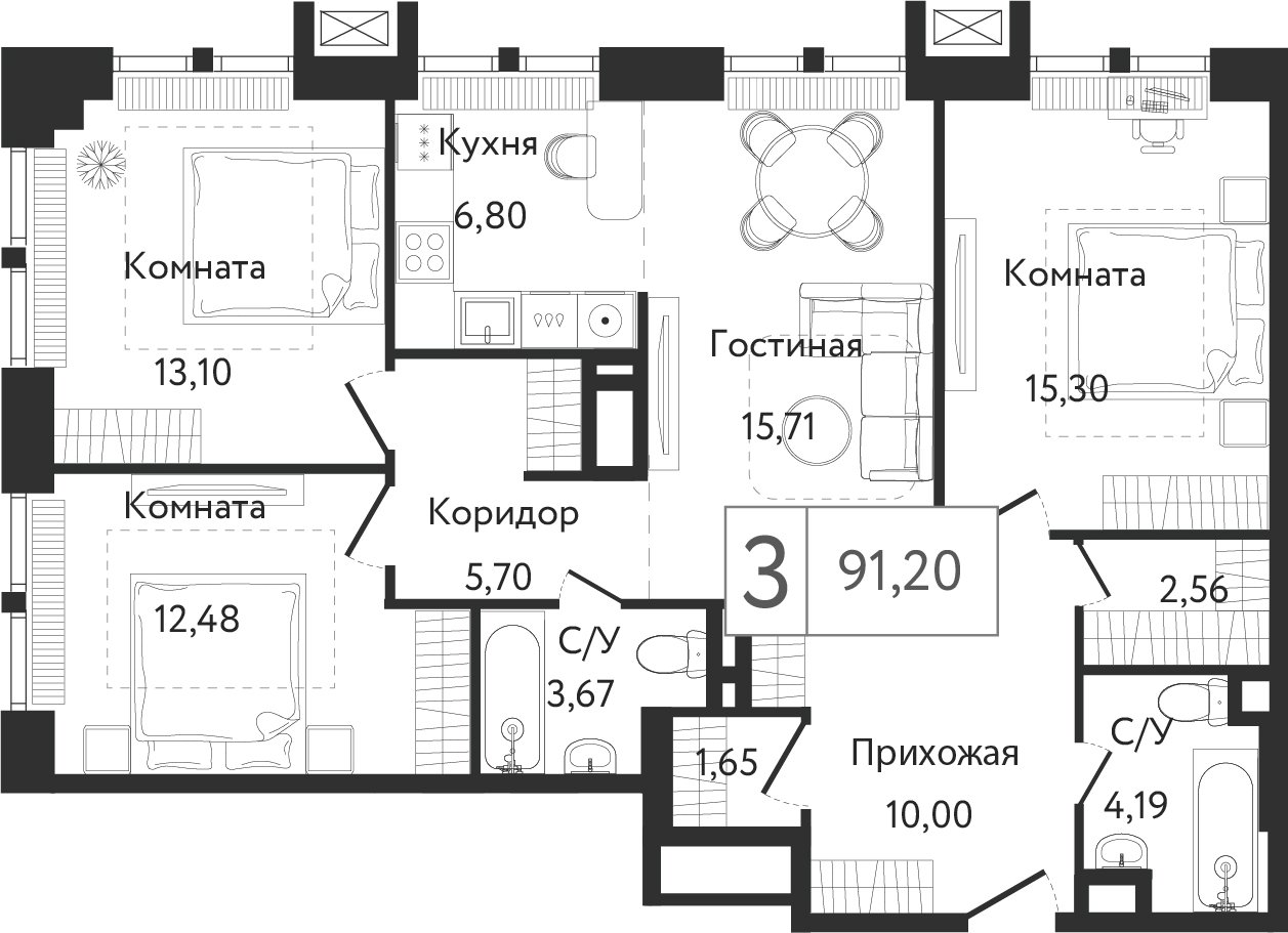 3-комнатная квартира без отделки, 91.16 м2, 2 этаж, сдача 3 квартал 2023 г., ЖК Dream Towers, корпус 2 - объявление 1815160 - фото №1