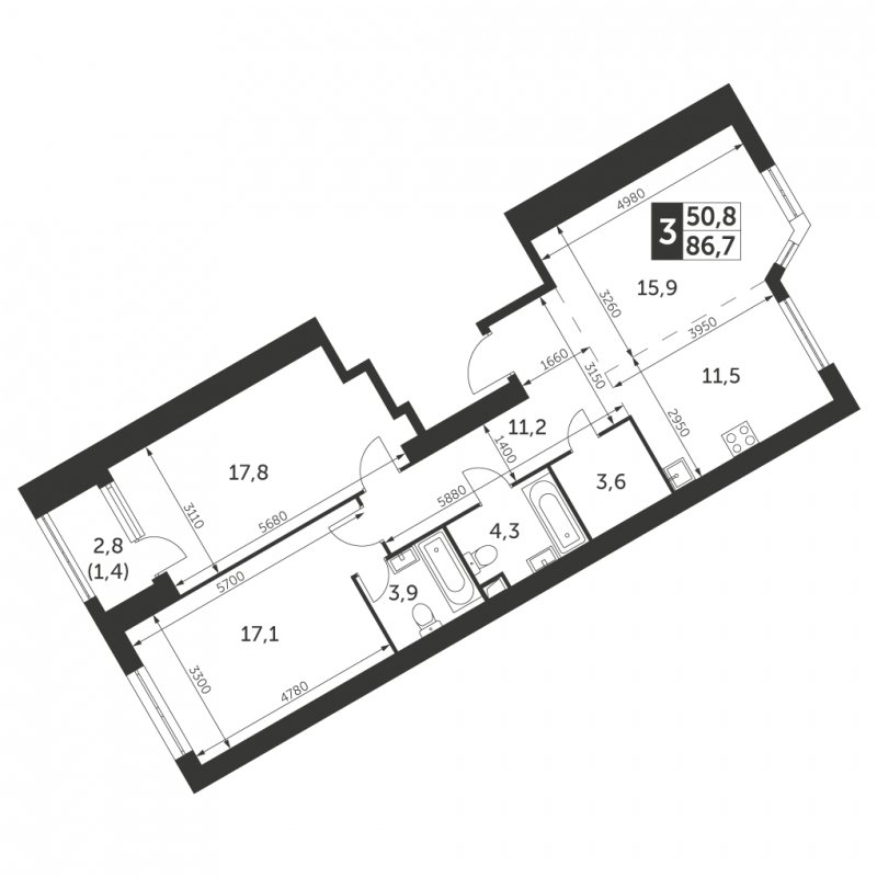 3-комнатная квартира с частичной отделкой, 86.7 м2, 9 этаж, сдача 4 квартал 2023 г., ЖК Архитектор, корпус 3 - объявление 1566090 - фото №1