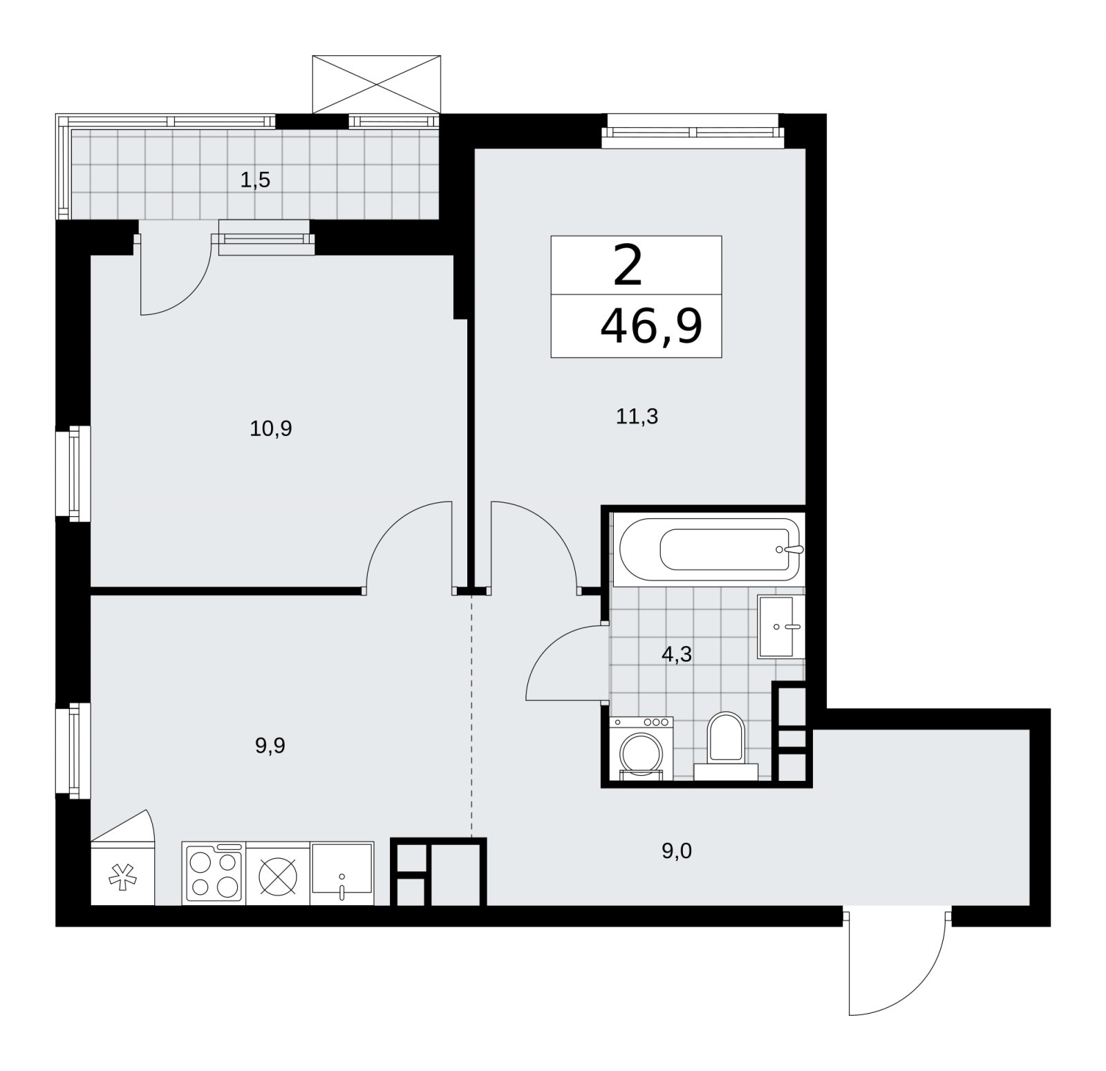 2-комнатная квартира с частичной отделкой, 46.9 м2, 11 этаж, сдача 1 квартал 2026 г., ЖК Прокшино, корпус 11.1.1 - объявление 2257103 - фото №1