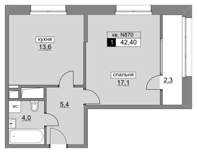 1-комнатная квартира без отделки, 42.4 м2, 6 этаж, сдача 4 квартал 2022 г., ЖК Румянцево-Парк, корпус 3 - объявление 1187021 - фото №1