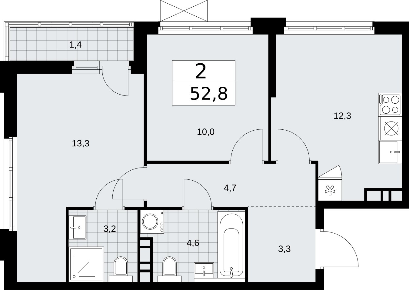 2-комнатная квартира без отделки, 52.8 м2, 5 этаж, сдача 2 квартал 2026 г., ЖК Бунинские кварталы, корпус 5.4 - объявление 2297690 - фото №1