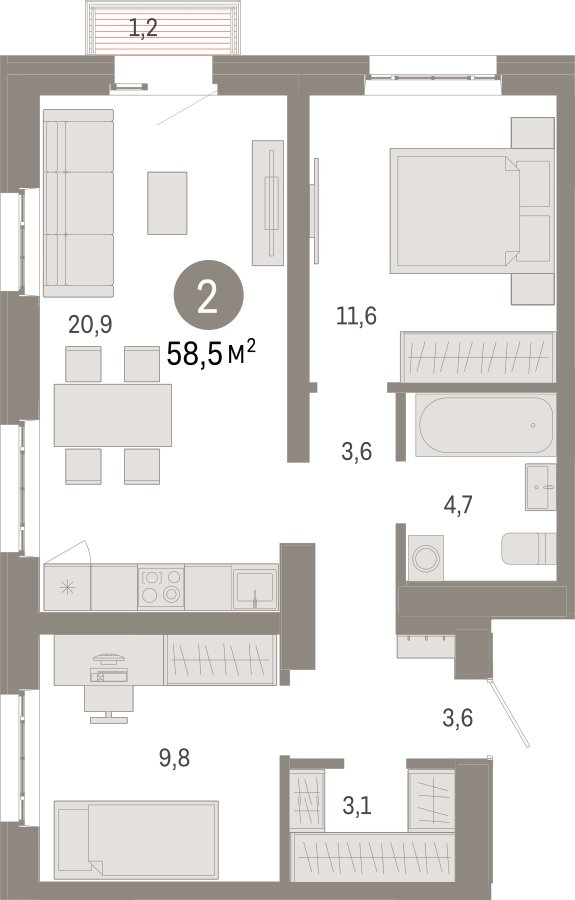 2-комнатная квартира с частичной отделкой, 58.5 м2, 10 этаж, сдача 3 квартал 2026 г., ЖК Квартал Метроном, корпус 1 - объявление 2300633 - фото №1
