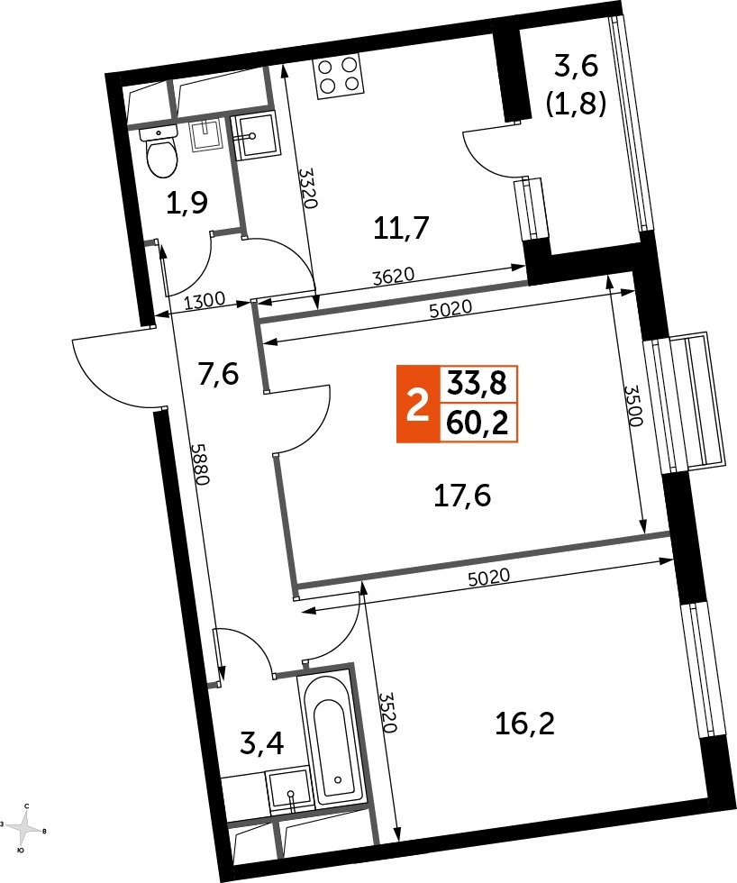 2-комнатная квартира без отделки, 60.2 м2, 2 этаж, дом сдан, ЖК UP-квартал Римский, корпус 7 - объявление 2208646 - фото №1