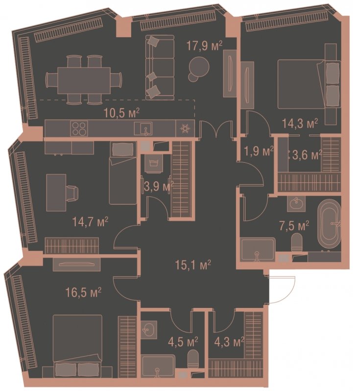 3-комнатная квартира без отделки, 114.7 м2, 14 этаж, сдача 1 квартал 2025 г., ЖК HIGH LIFE, корпус Soul Tower - объявление 1767798 - фото №1