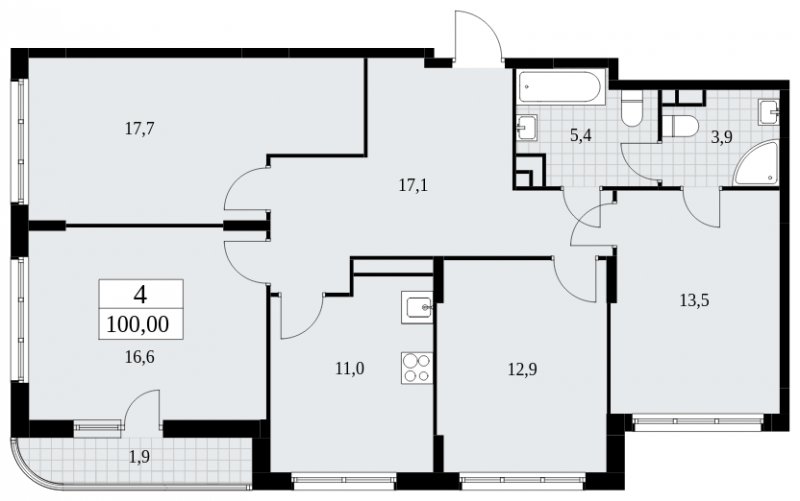 4-комнатная квартира с частичной отделкой, 100 м2, 10 этаж, сдача 4 квартал 2024 г., ЖК Скандинавия, корпус 36.1.1 - объявление 1801777 - фото №1