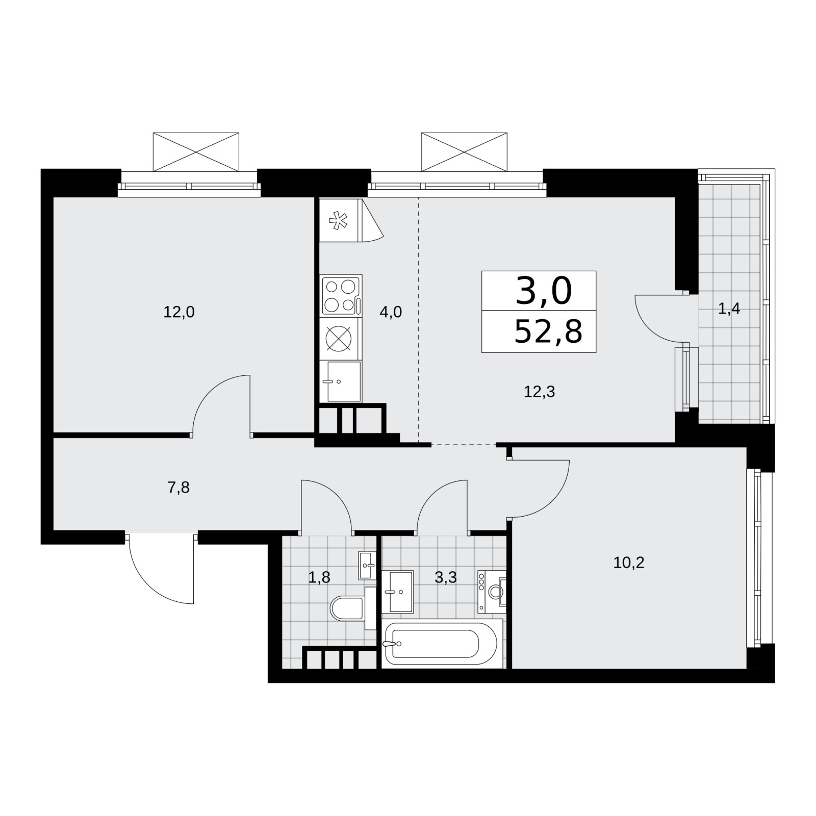 3-комнатная квартира (евро) без отделки, 52.8 м2, 14 этаж, сдача 1 квартал 2026 г., ЖК Прокшино, корпус 10.1.1 - объявление 2226973 - фото №1
