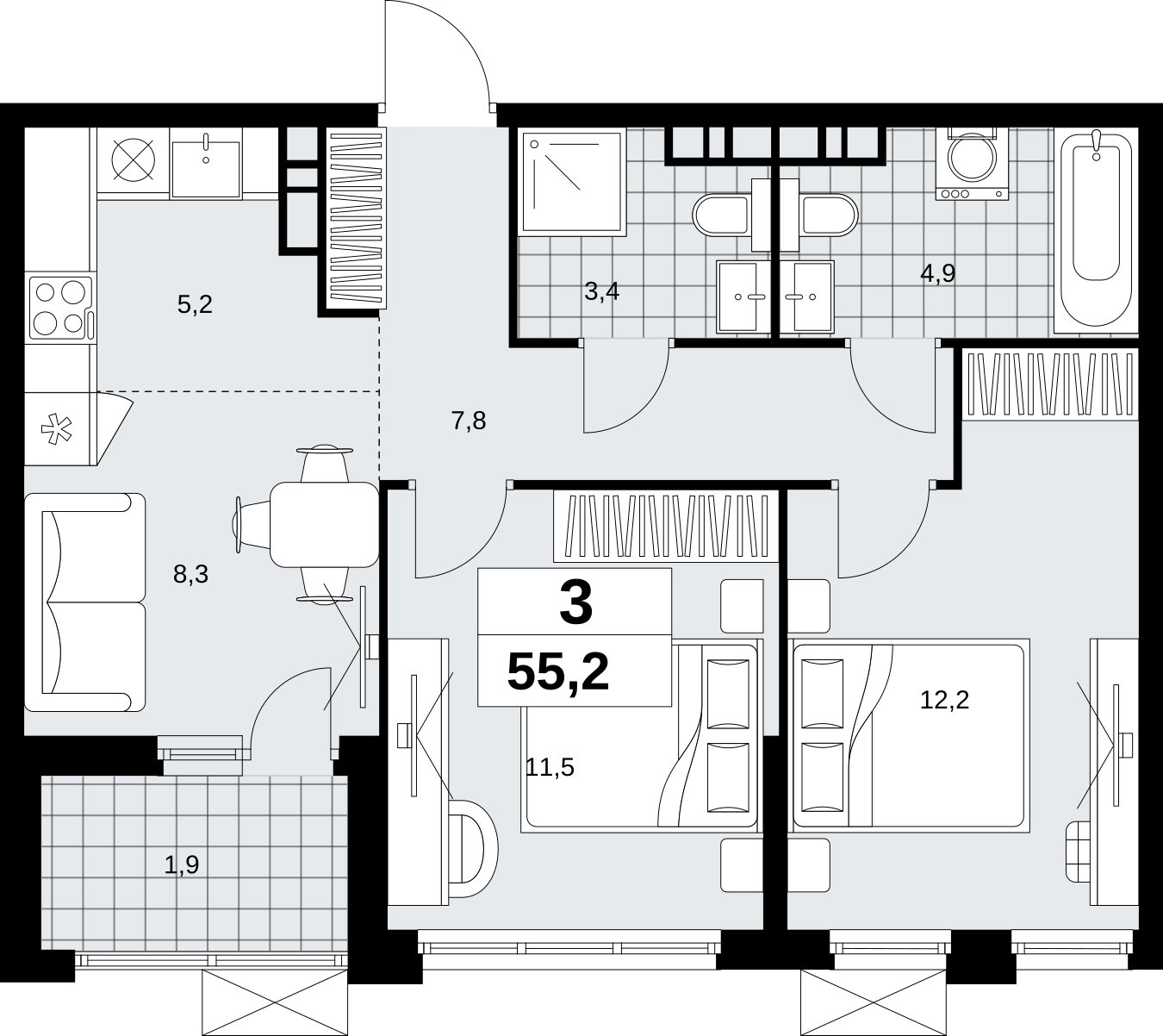 3-комнатная квартира (евро) с полной отделкой, 55.2 м2, 14 этаж, сдача 1 квартал 2027 г., ЖК Скандинавия, корпус 2.18.2.3 - объявление 2351438 - фото №1