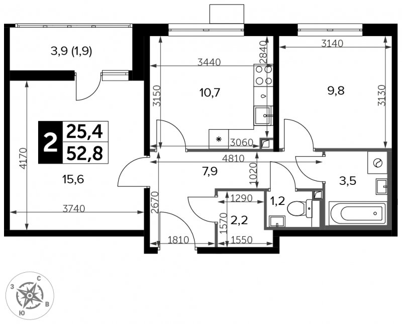 2-комнатная квартира с частичной отделкой, 52.8 м2, 16 этаж, сдача 3 квартал 2023 г., ЖК Южная Битца, корпус 11 - объявление 1658606 - фото №1